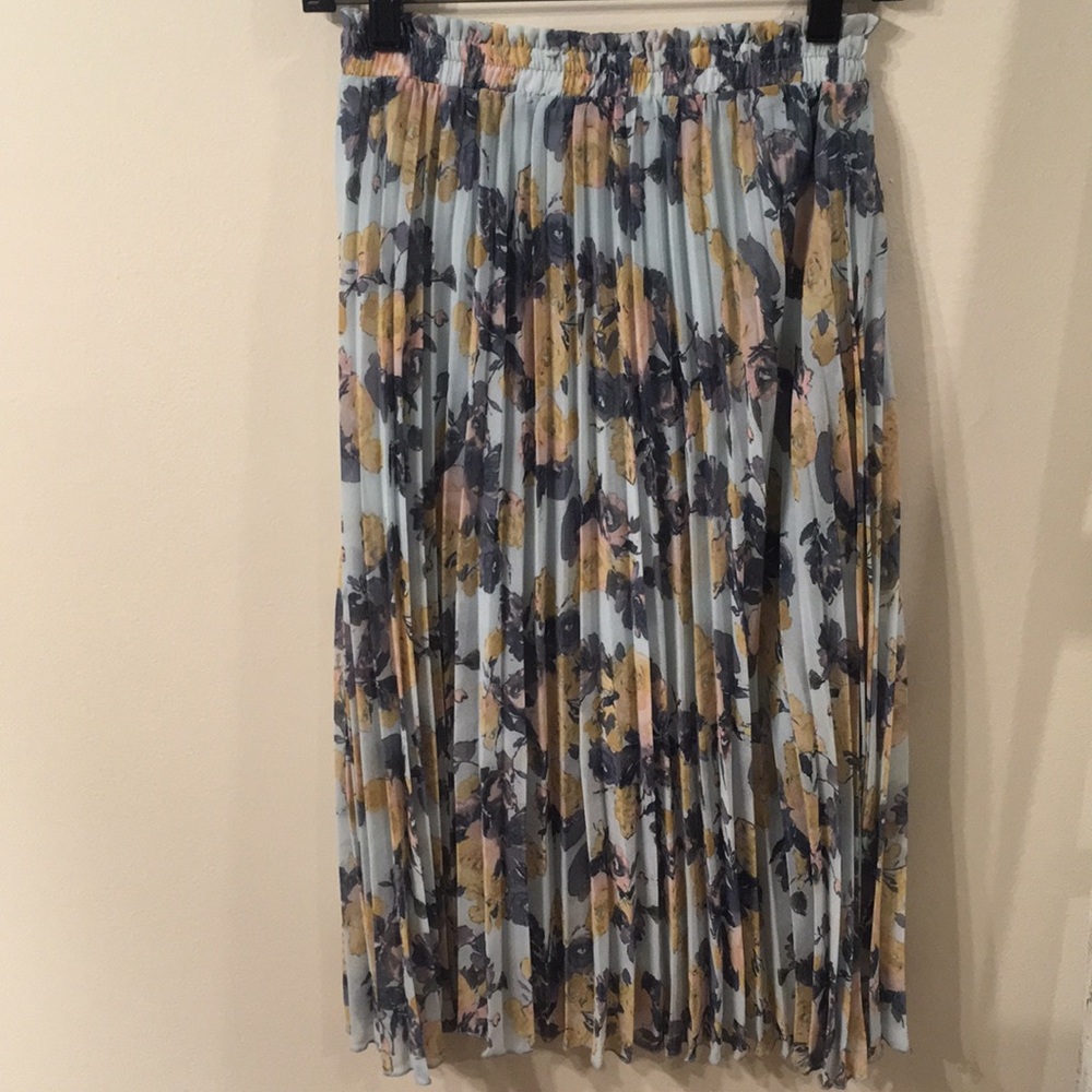 Disney Light Blue Pleated Midi Skirt with Navy & Mustard Floral Print